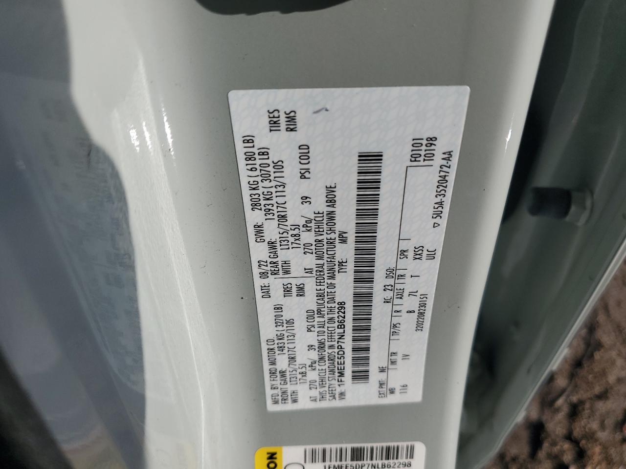 2022 Ford Bronco Base VIN: 1FMEE5DP7NLB62298 Lot: 84384545