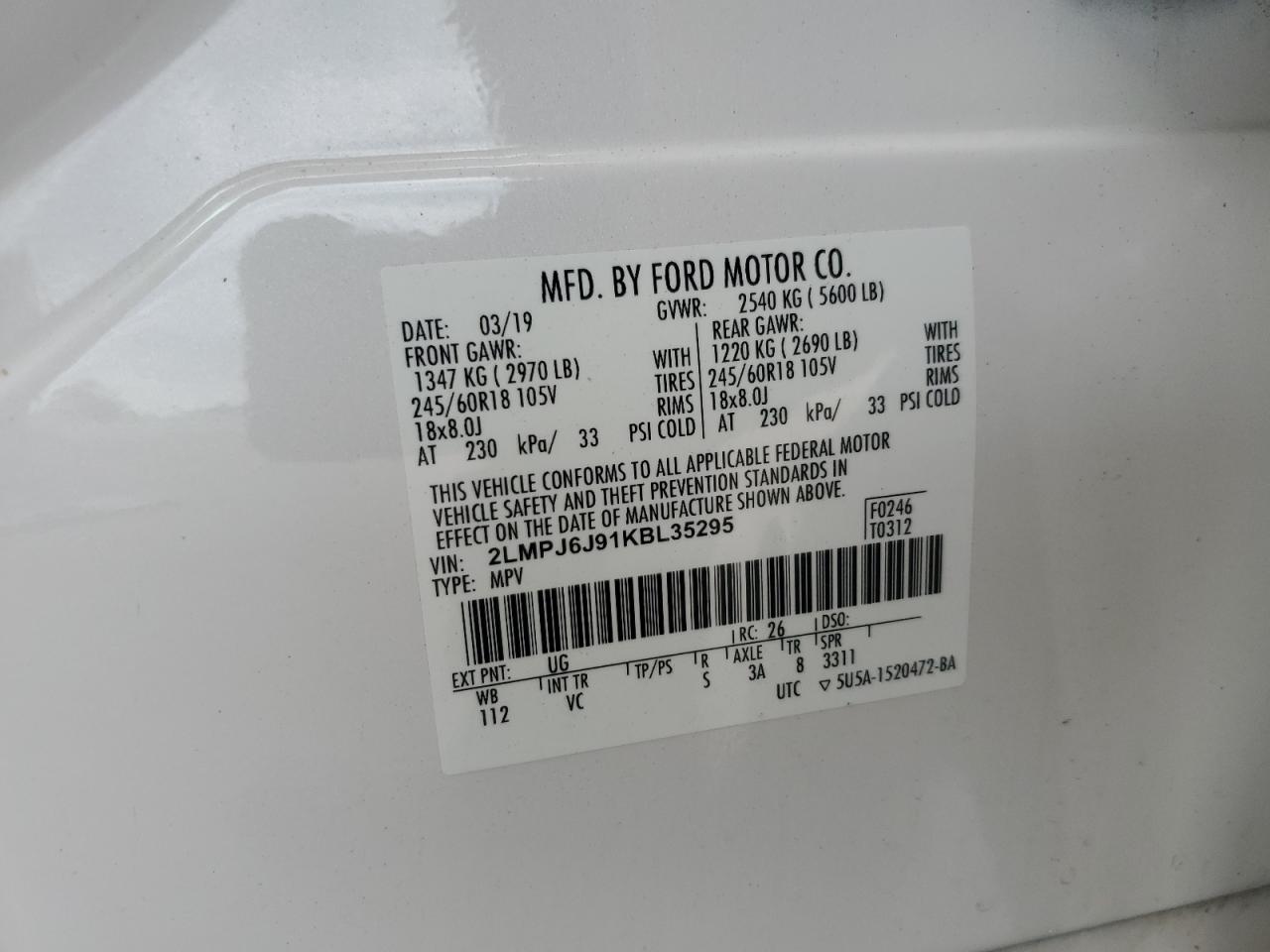 2019 Lincoln Nautilus VIN: 2LMPJ6J91KBL35295 Lot: 69194215