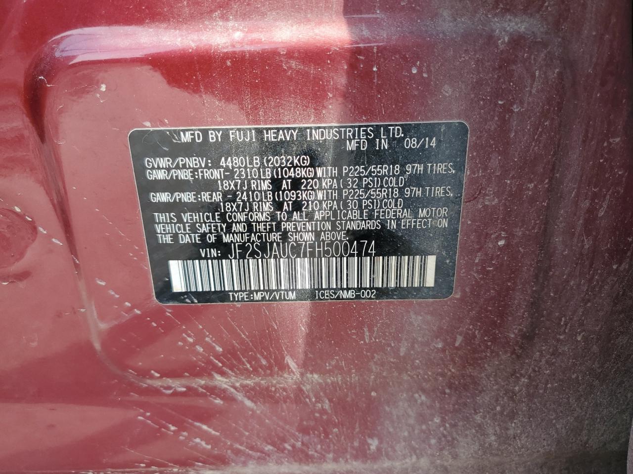 2015 Subaru Forester 2.5I Touring VIN: JF2SJAUC7FH500474 Lot: 80683505