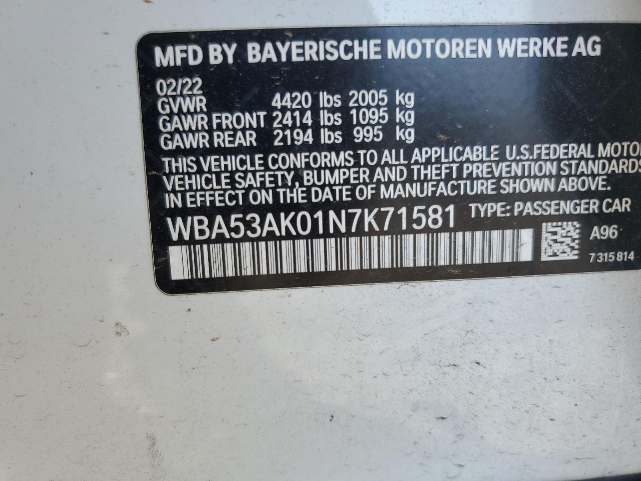 2022 BMW 228I VIN: WBA53AK01N7K71581 Lot: 81453695