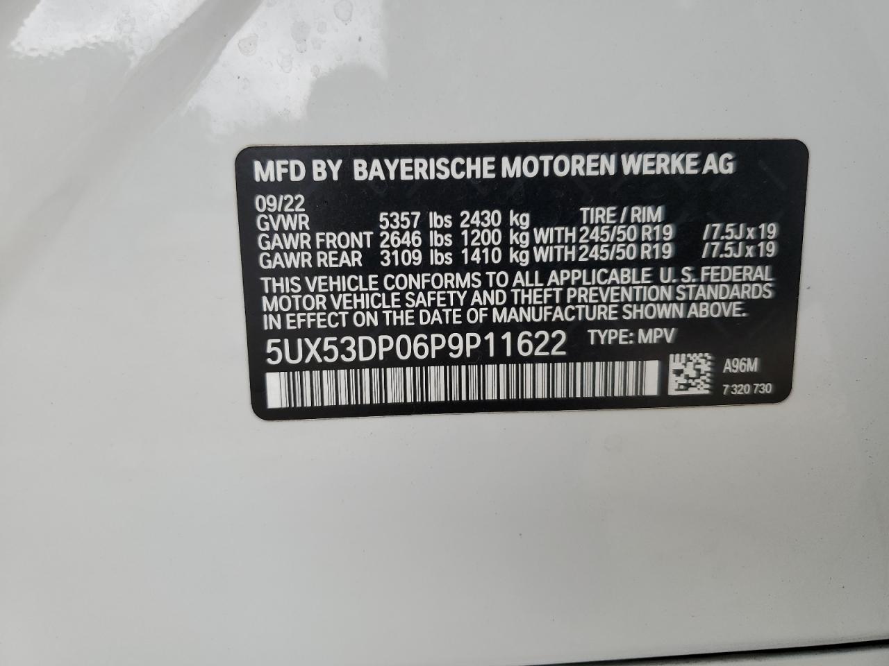 2023 BMW X3 xDrive30I VIN: 5UX53DP06P9P11622 Lot: 81284275