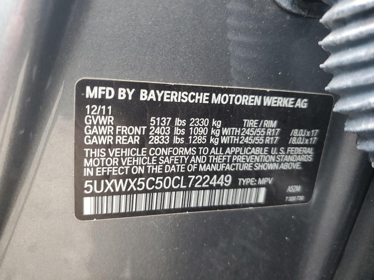 2012 BMW X3 xDrive28I VIN: 5UXWX5C50CL722449 Lot: 84205515