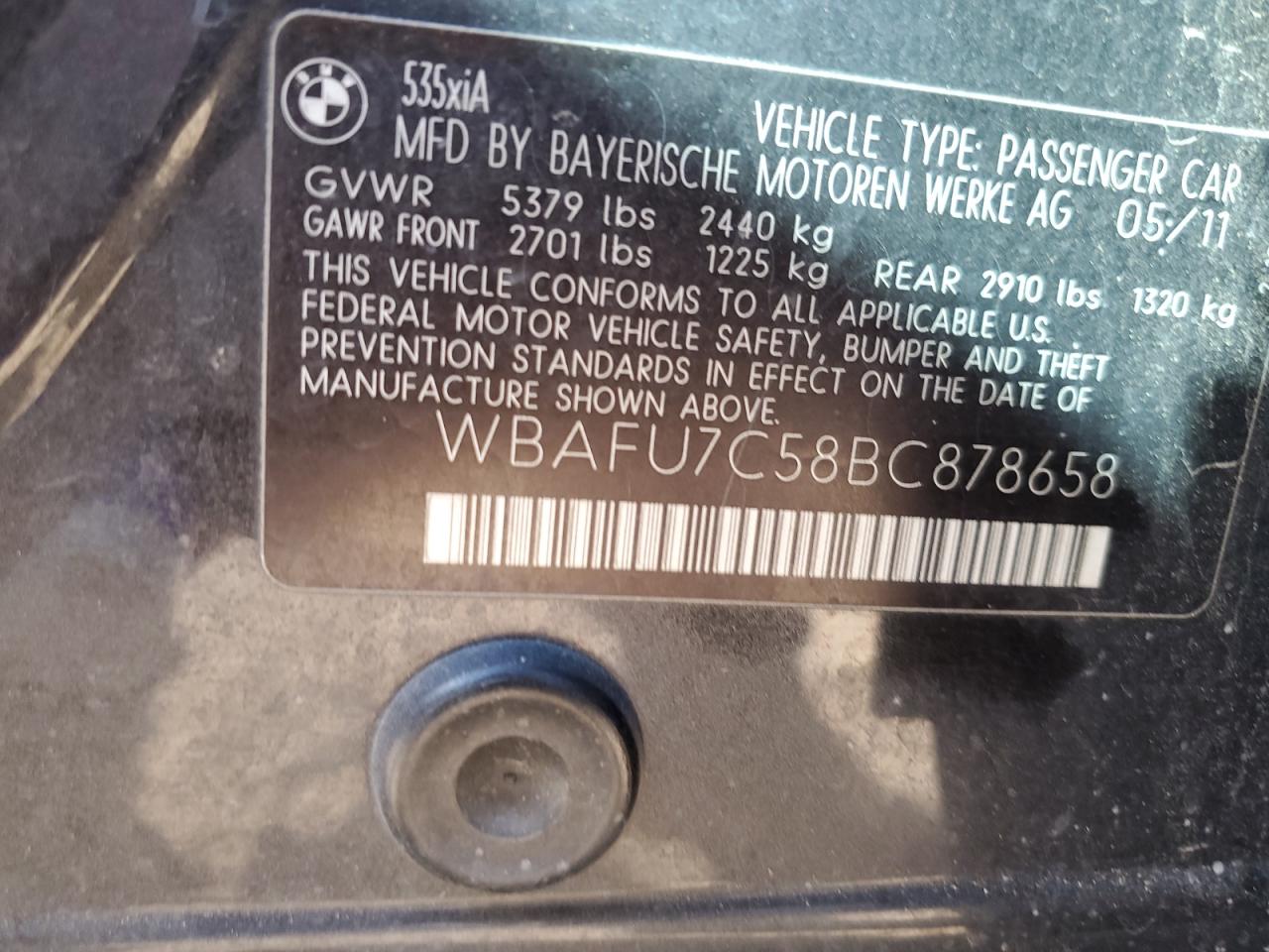 2011 BMW 535 Xi VIN: WBAFU7C58BC878658 Lot: 80398615