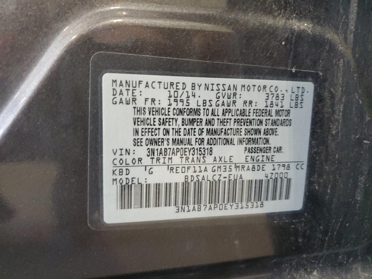 2014 Nissan Sentra S VIN: 3N1AB7AP0EY315318 Lot: 81741665