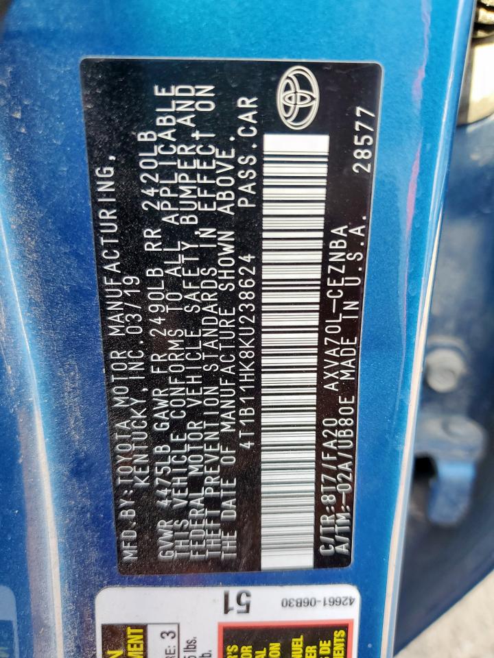 2019 Toyota Camry L VIN: 4T1B11HK8KU238624 Lot: 82158485