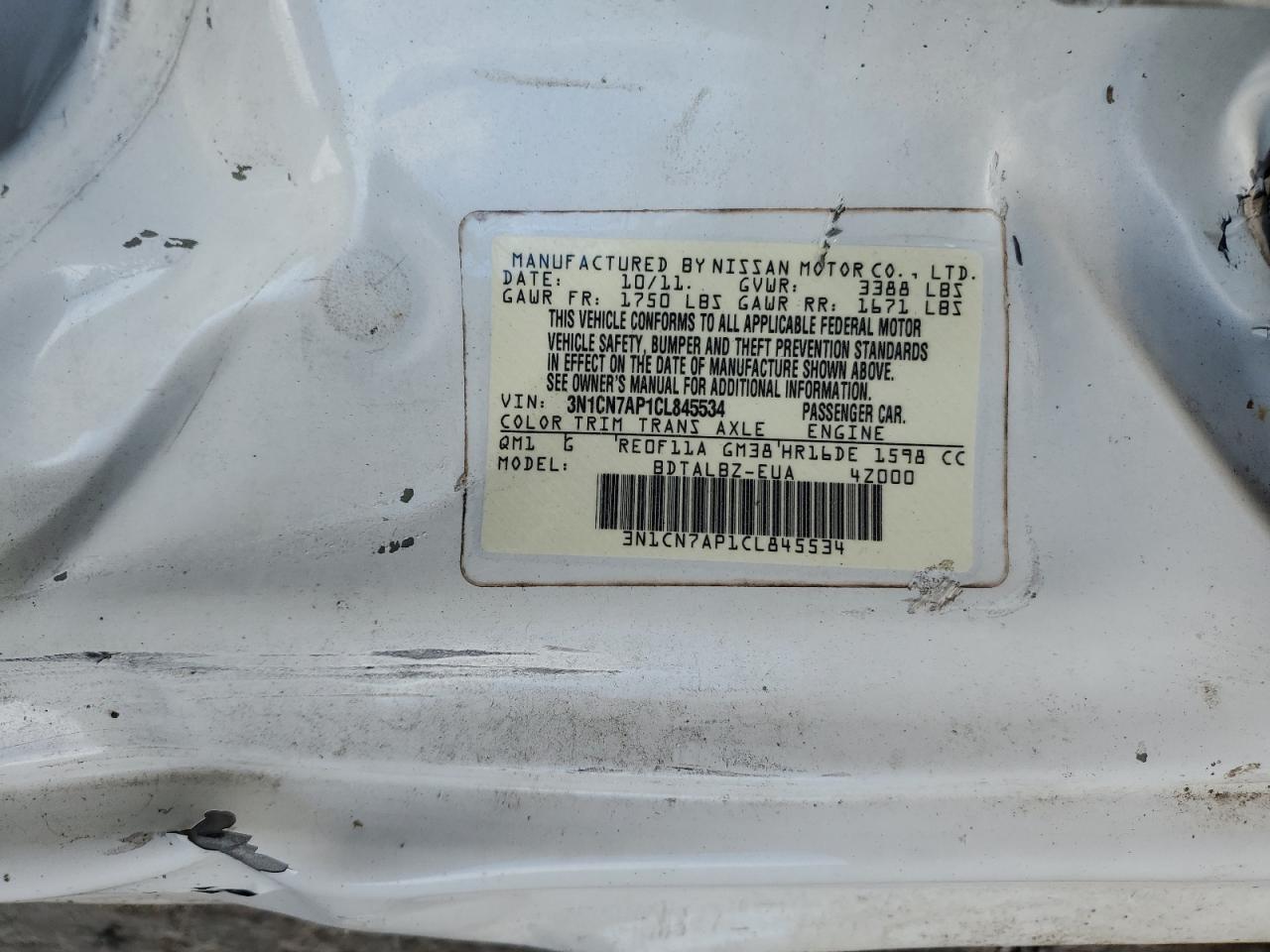 2012 Nissan Versa S VIN: 3N1CN7AP1CL845534 Lot: 81913855