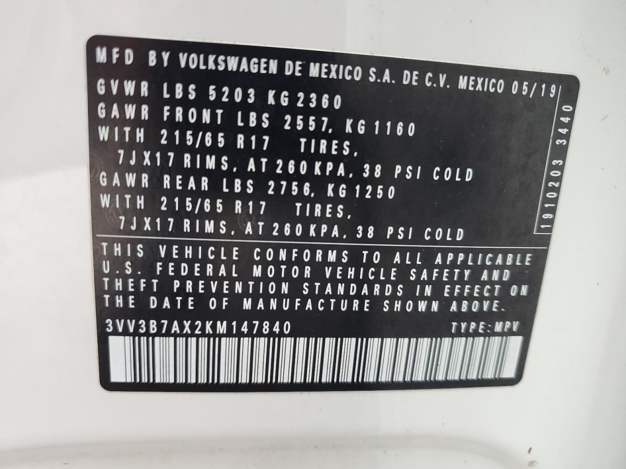 2019 Volkswagen Tiguan Se VIN: 3VV3B7AX2KM147840 Lot: 71412155