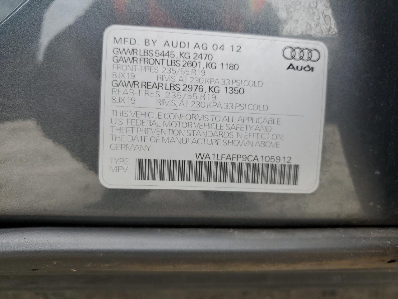 2012 Audi Q5 Premium Plus VIN: WA1LFAFP9CA105912 Lot: 84006845