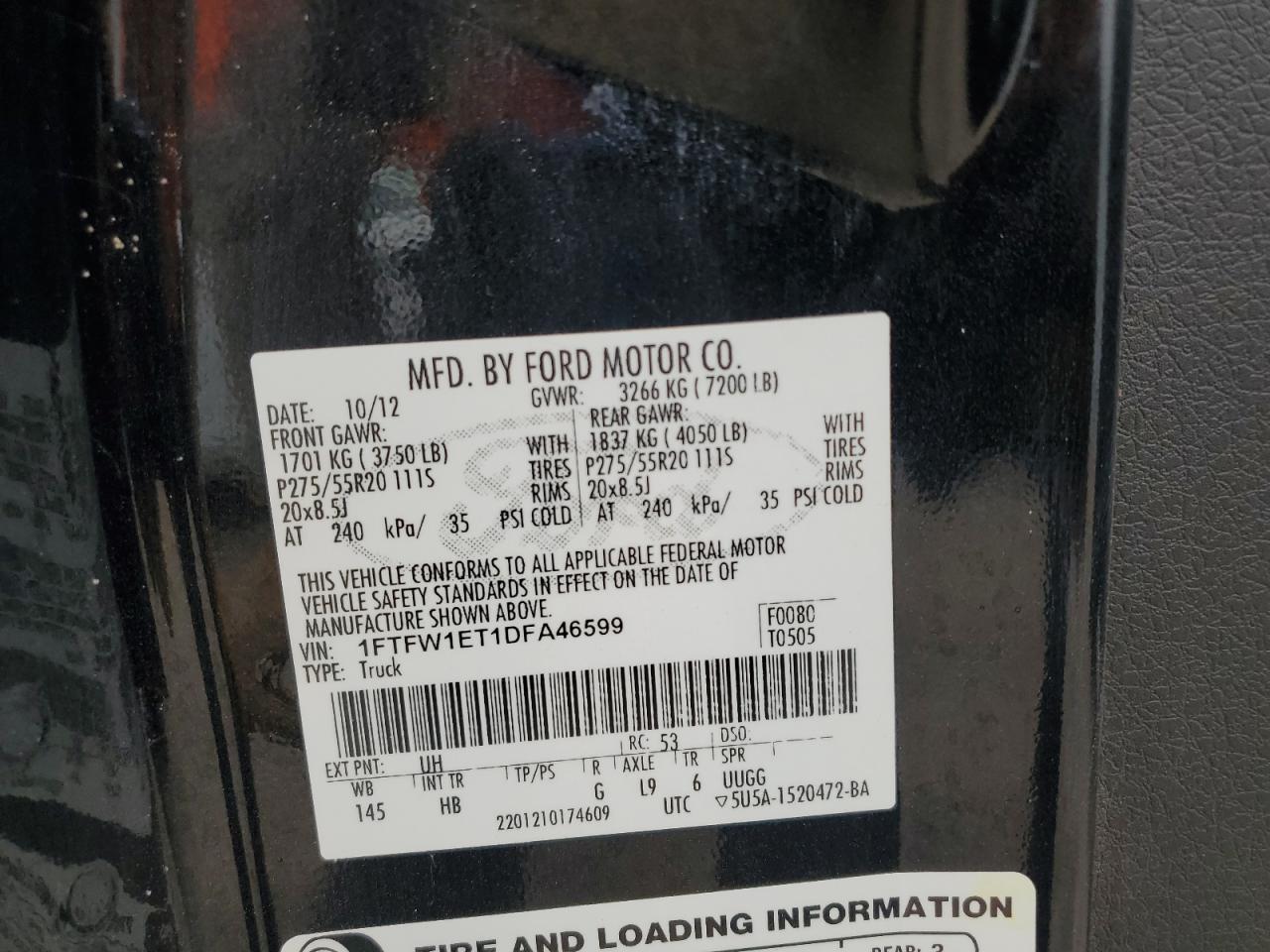 2013 Ford F150 Supercrew VIN: 1FTFW1ET1DFA46599 Lot: 81096885