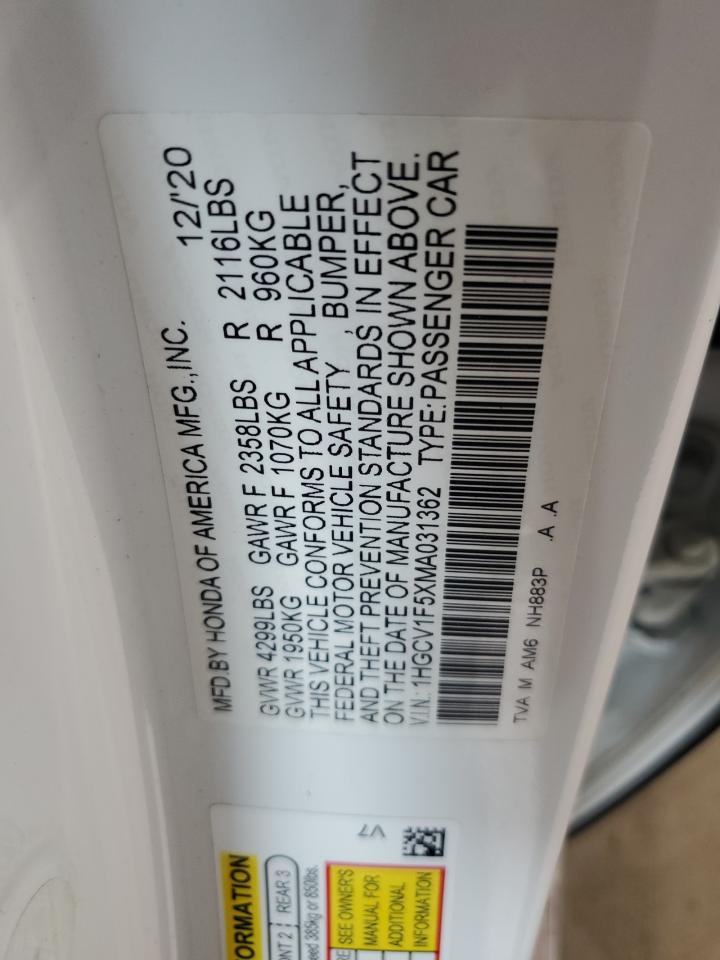 2021 Honda Accord Exl VIN: 1HGCV1F5XMA031362 Lot: 81580145