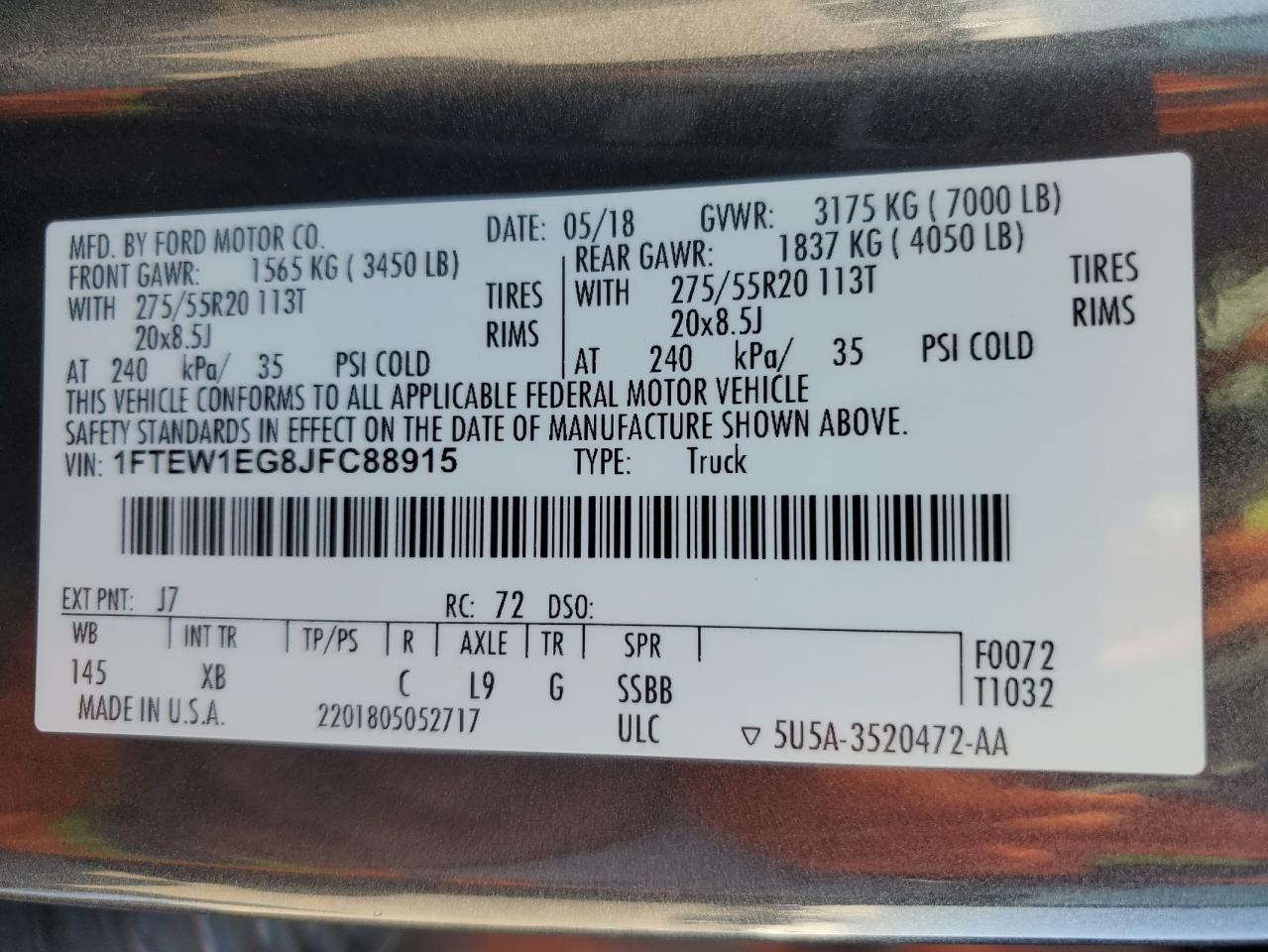 2018 Ford F150 Supercrew VIN: 1FTEW1EG8JFC88915 Lot: 80540175