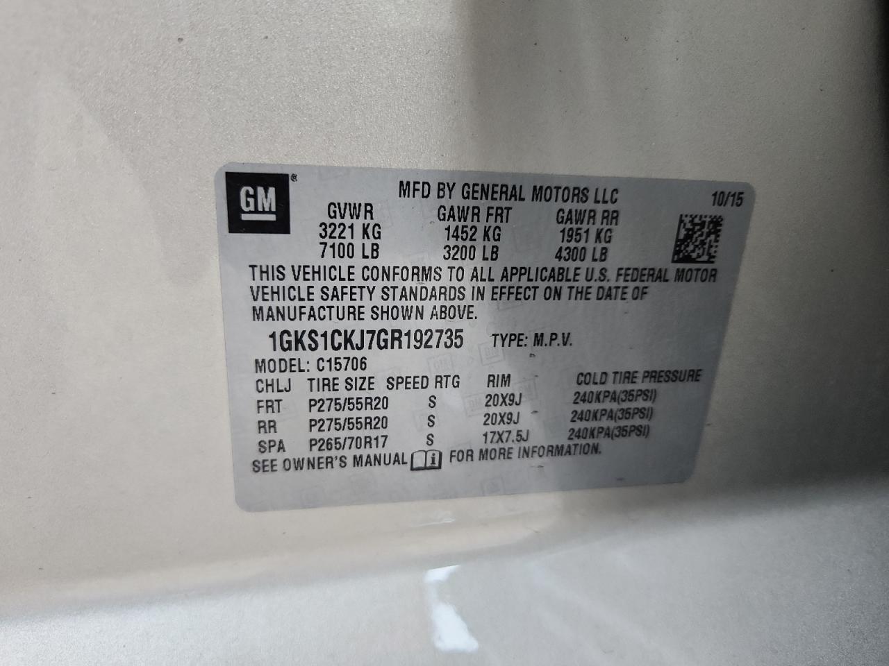 2016 GMC Yukon Denali VIN: 1GKS1CKJ7GR192735 Lot: 80669975