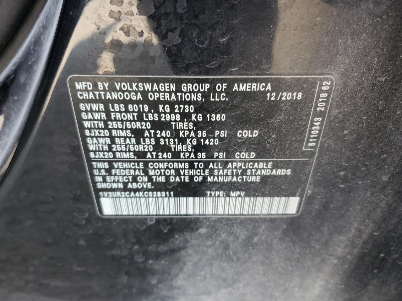 2019 Volkswagen Atlas Se VIN: 1V2UR2CA4KC528311 Lot: 71985305