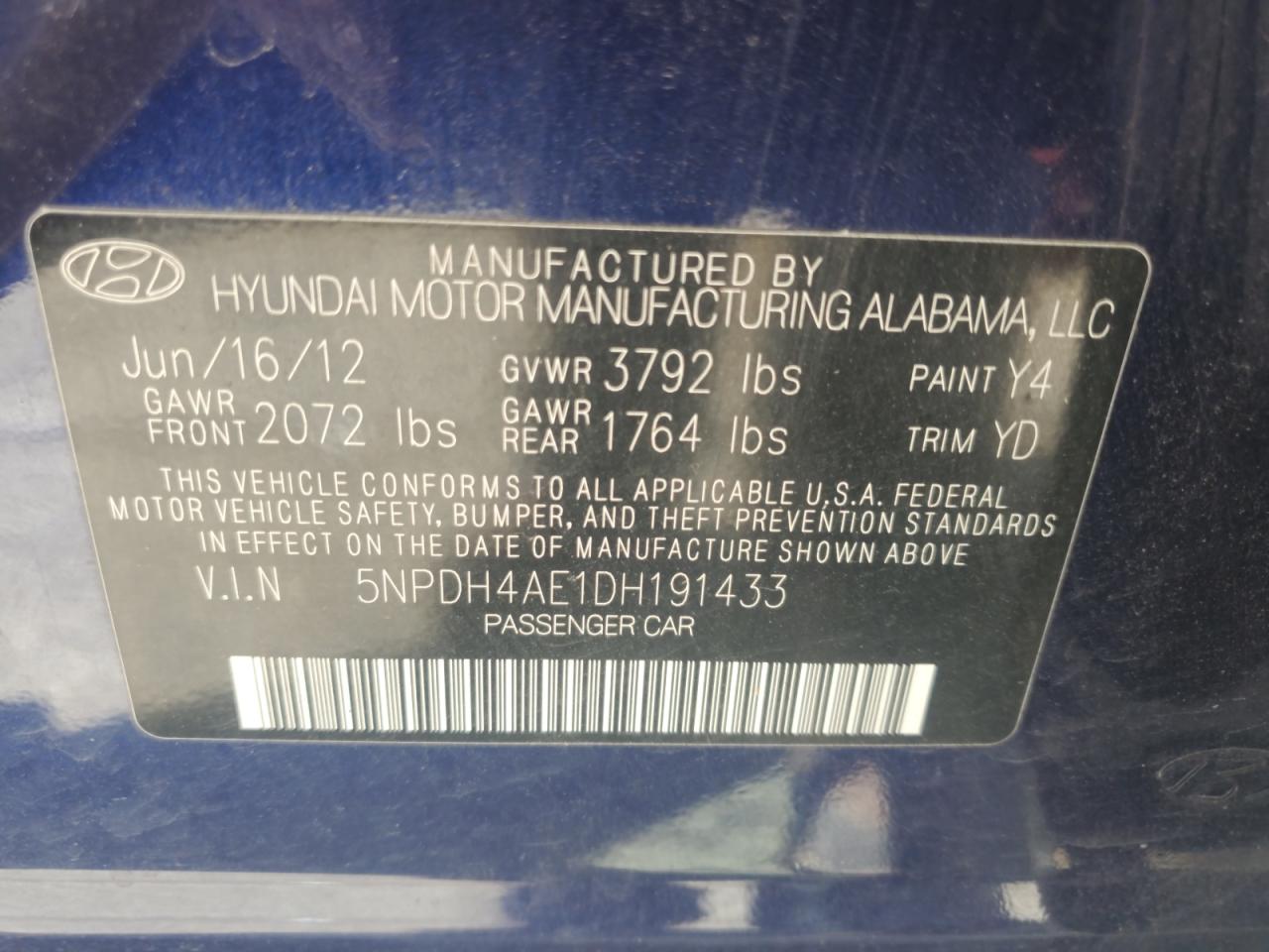 2013 Hyundai Elantra Gls VIN: 5NPDH4AE1DH191433 Lot: 71446955