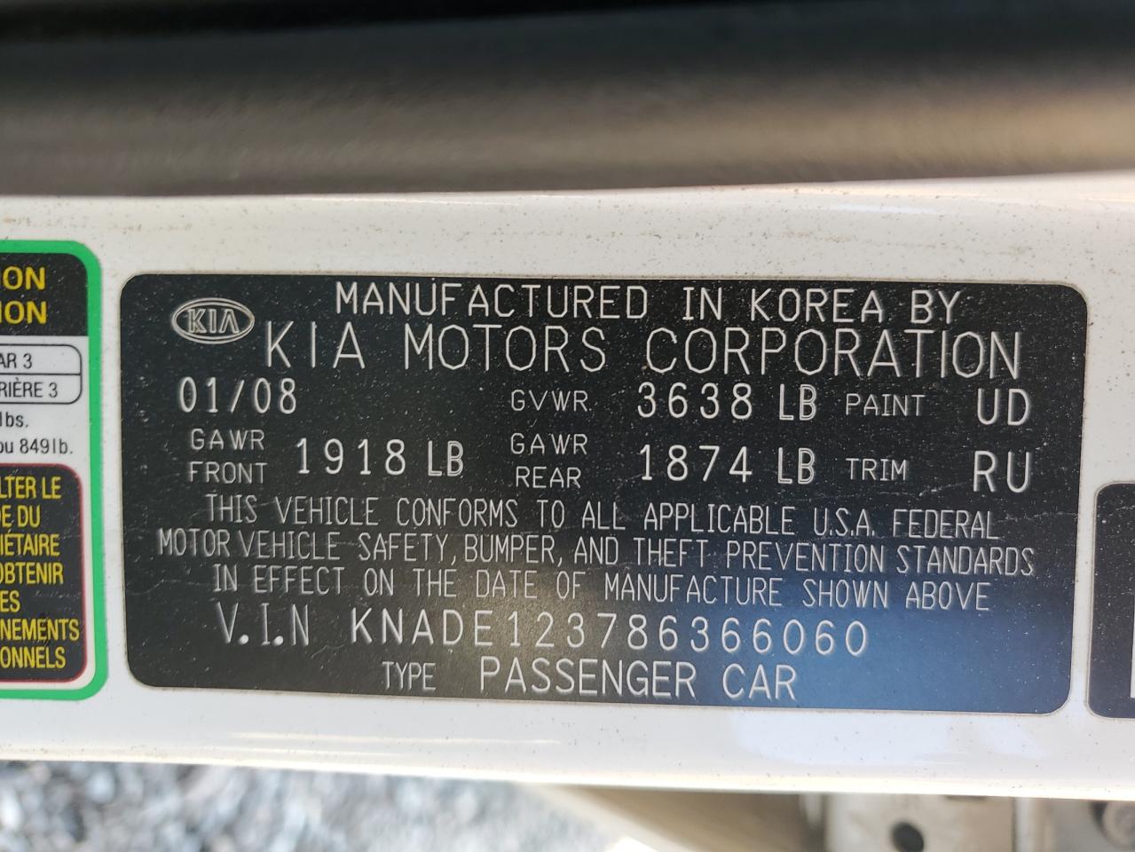 2008 Kia Rio Base VIN: KNADE123786366060 Lot: 84010965