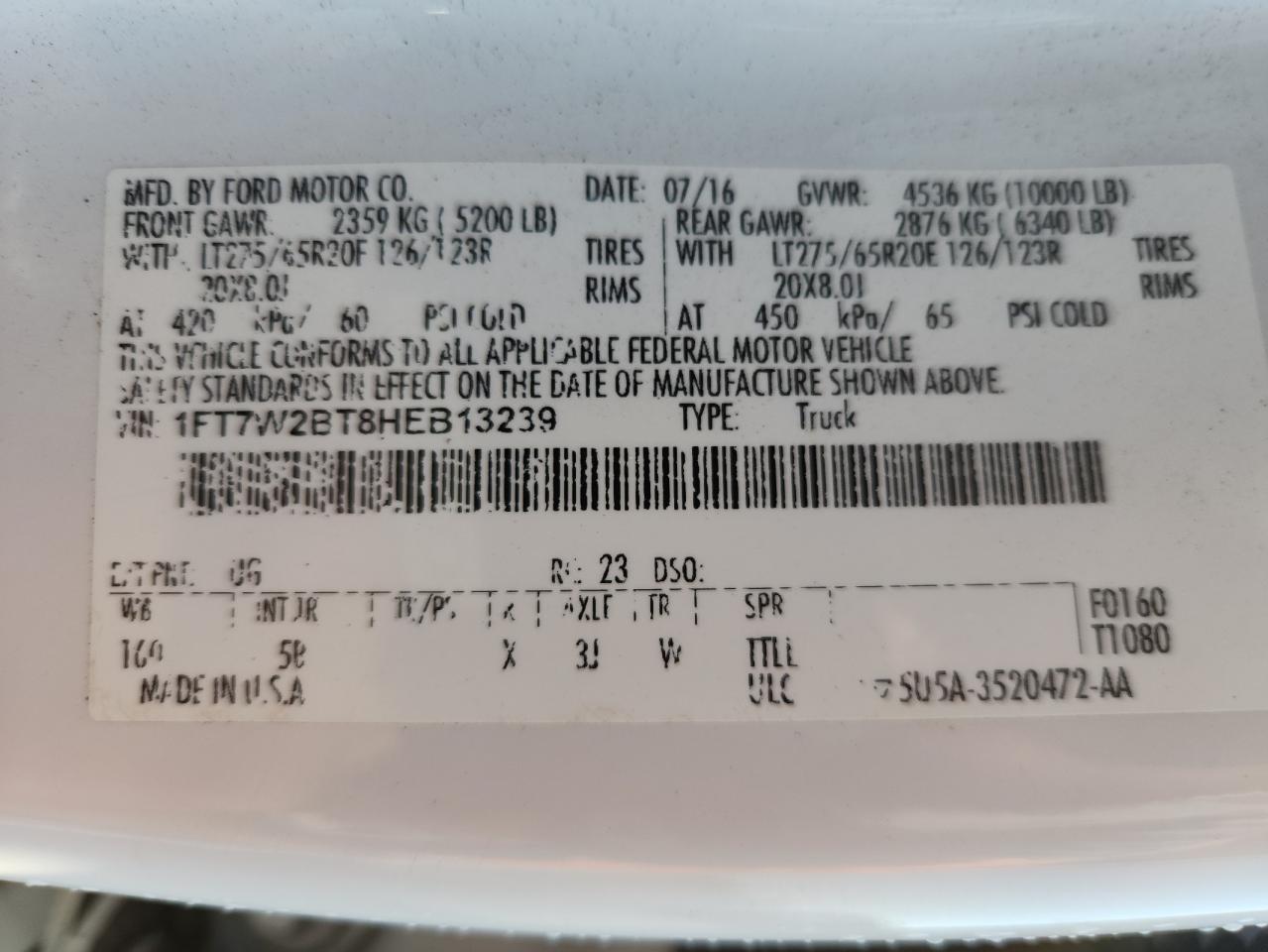 2017 Ford F250 Super Duty VIN: 1FT7W2BT8HEB13239 Lot: 71843545