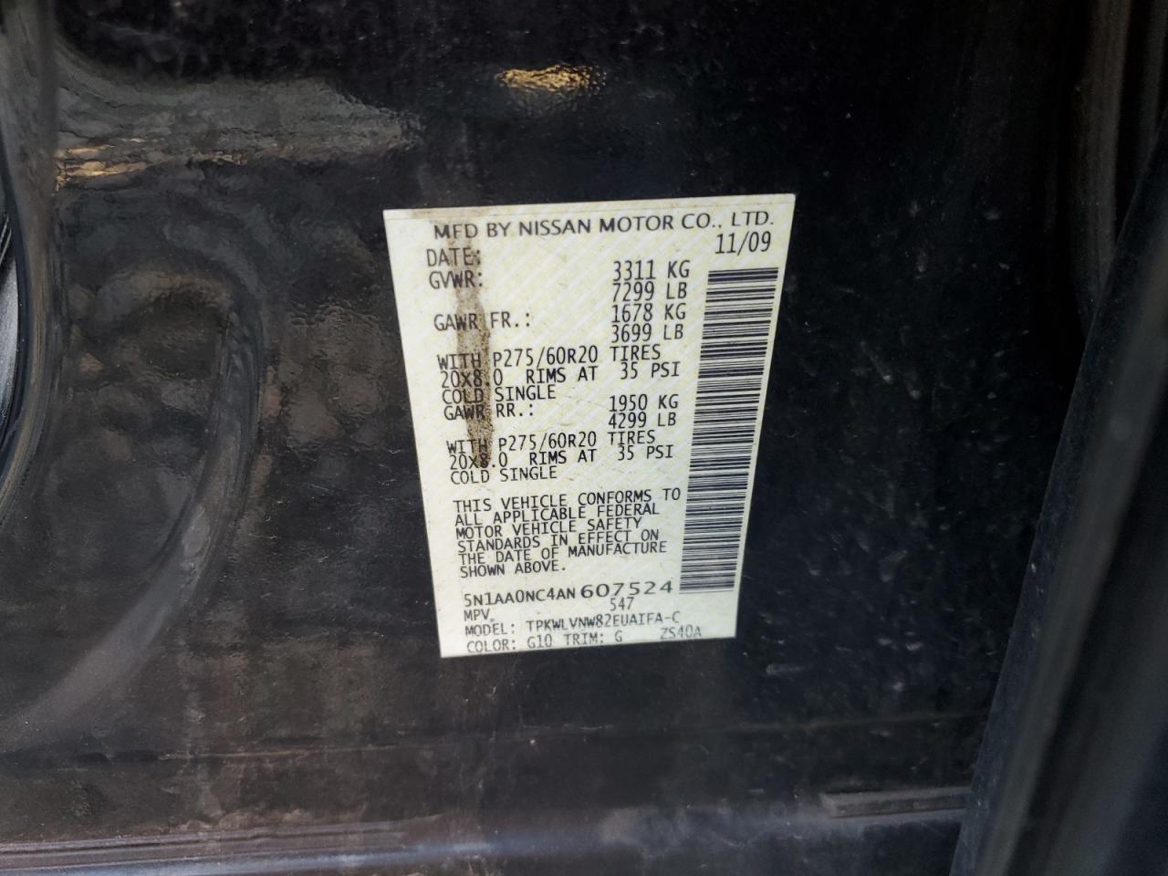 2010 Nissan Armada Se VIN: 5N1AA0NC4AN607524 Lot: 80442875