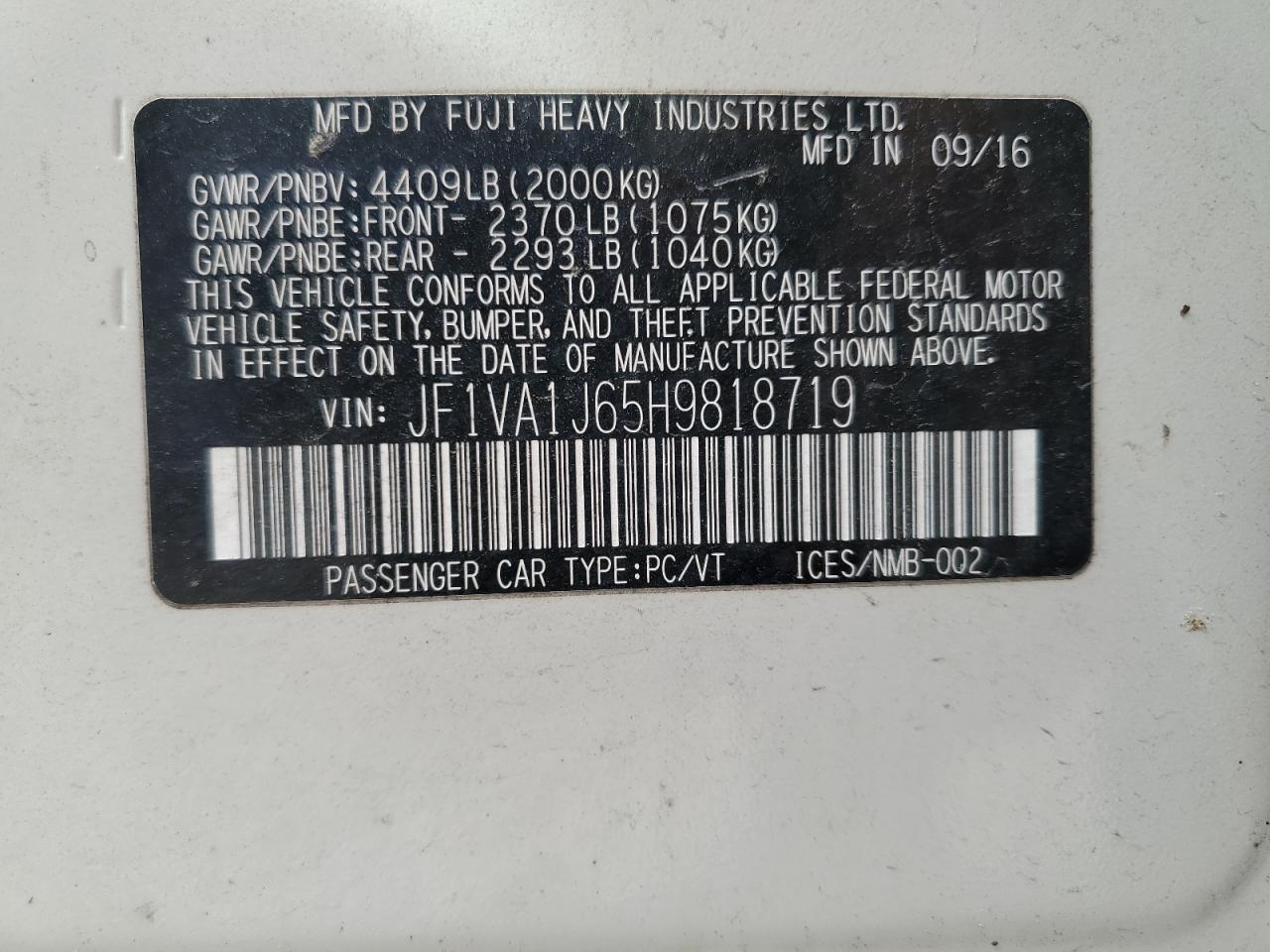 2017 Subaru Wrx Limited VIN: JF1VA1J65H9818719 Lot: 81911635