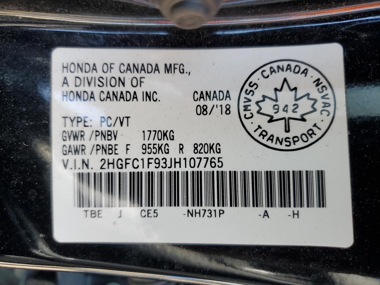 2018 Honda Civic Touring VIN: 2HGFC1F93JH107765 Lot: 71226225