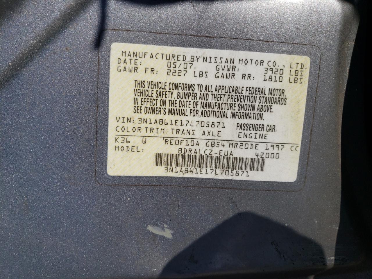 2007 Nissan Sentra 2.0 VIN: 3N1AB61E17L705871 Lot: 71259175