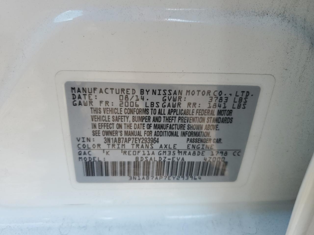 2014 Nissan Sentra S VIN: 3N1AB7AP7EY293964 Lot: 72019385