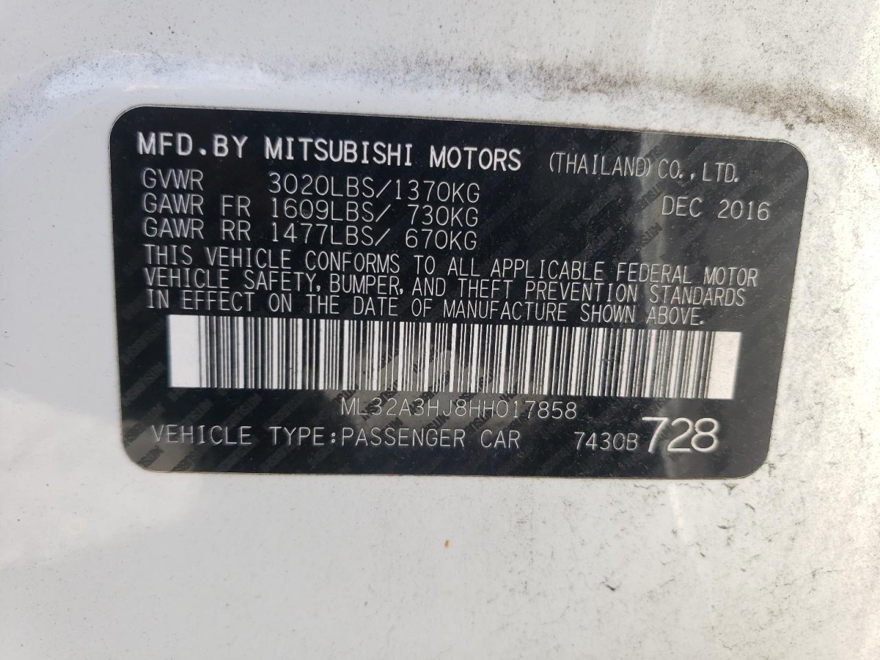 2017 Mitsubishi Mirage Es VIN: ML32A3HJ8HH017858 Lot: 80501745