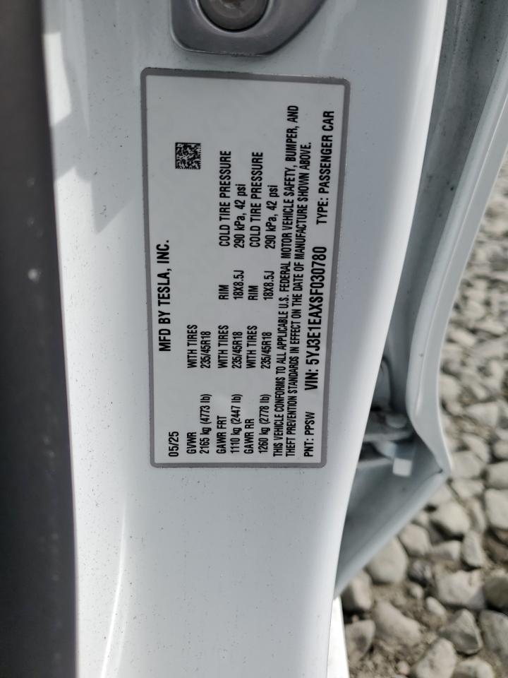 2025 Tesla Model 3 VIN: 5YJ3E1EAXSF030780 Lot: 84599335