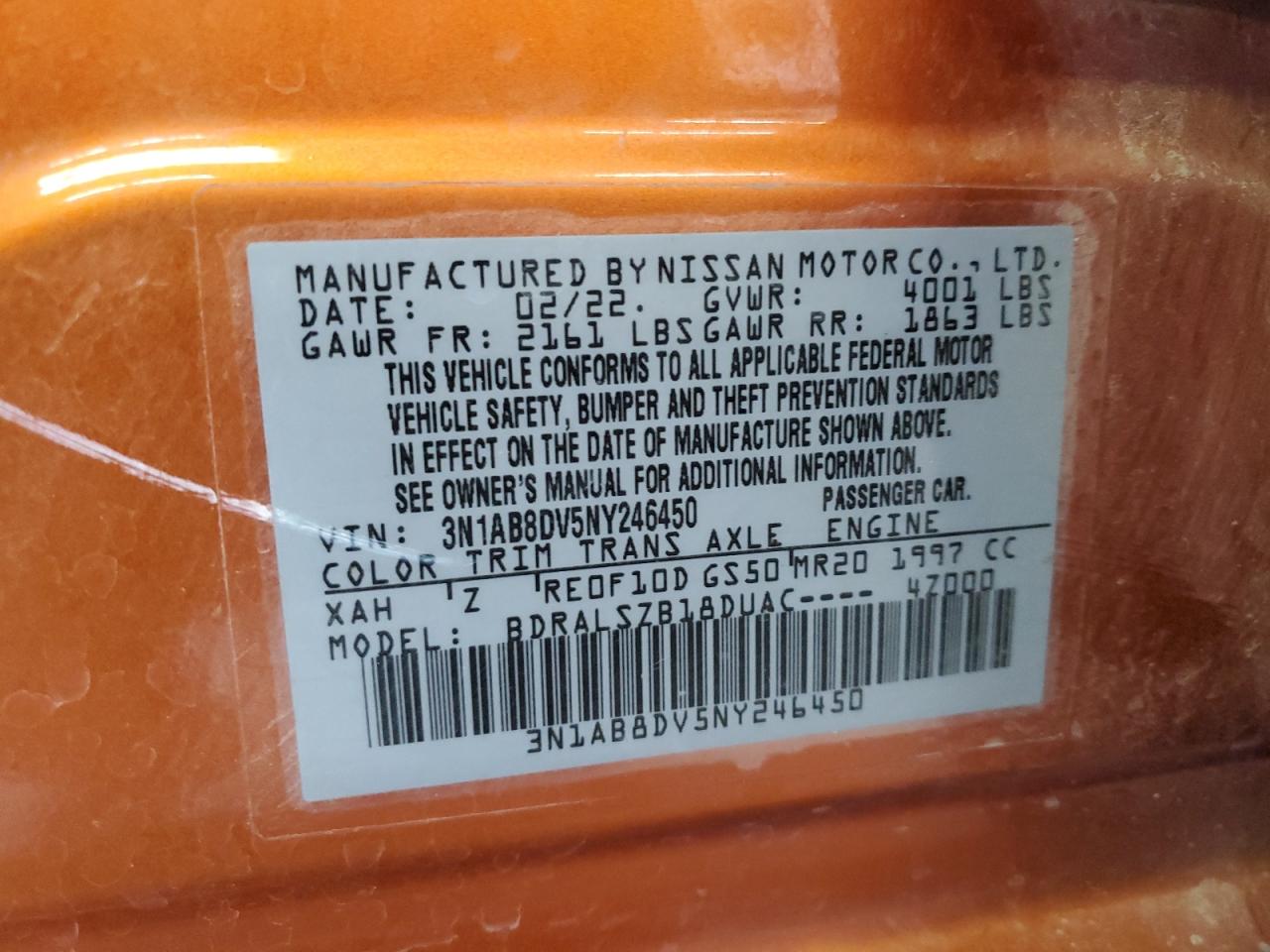 2022 Nissan Sentra Sr VIN: 3N1AB8DV5NY246450 Lot: 81599625