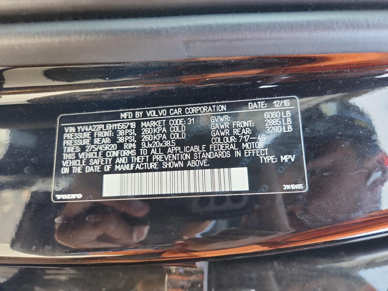 2017 Volvo Xc90 T6 VIN: YV4A22PL6H1156718 Lot: 72018025