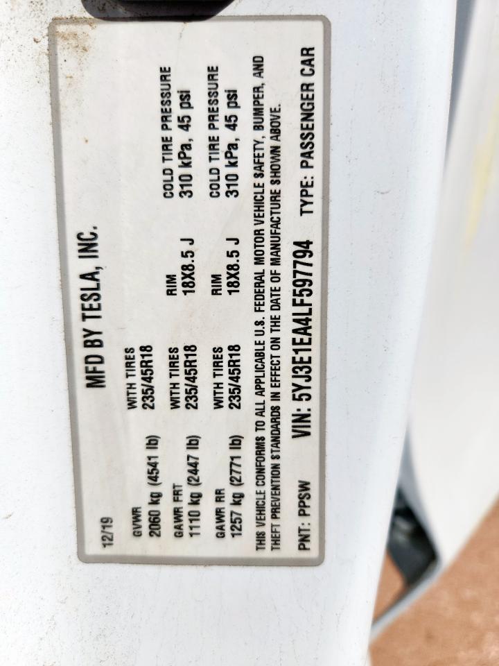 2020 Tesla Model 3 VIN: 5YJ3E1EA4LF597794 Lot: 83844175