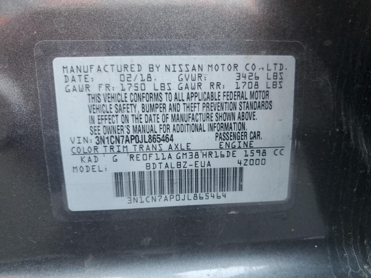 2018 Nissan Versa S VIN: 3N1CN7AP0JL865464 Lot: 81771805