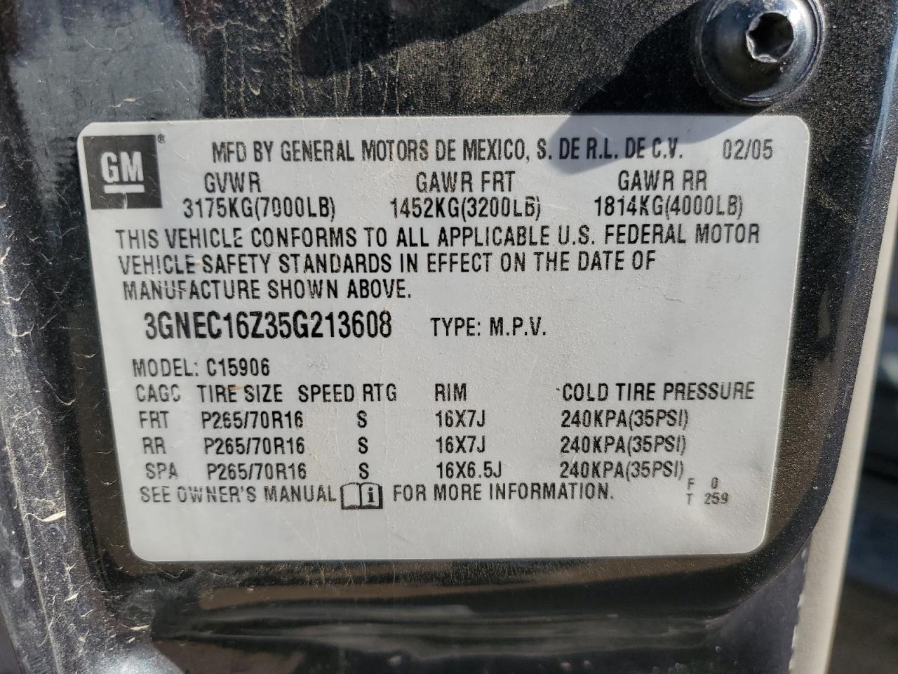 2005 Chevrolet Suburban C1500 VIN: 3GNEC16Z35G213608 Lot: 81949265