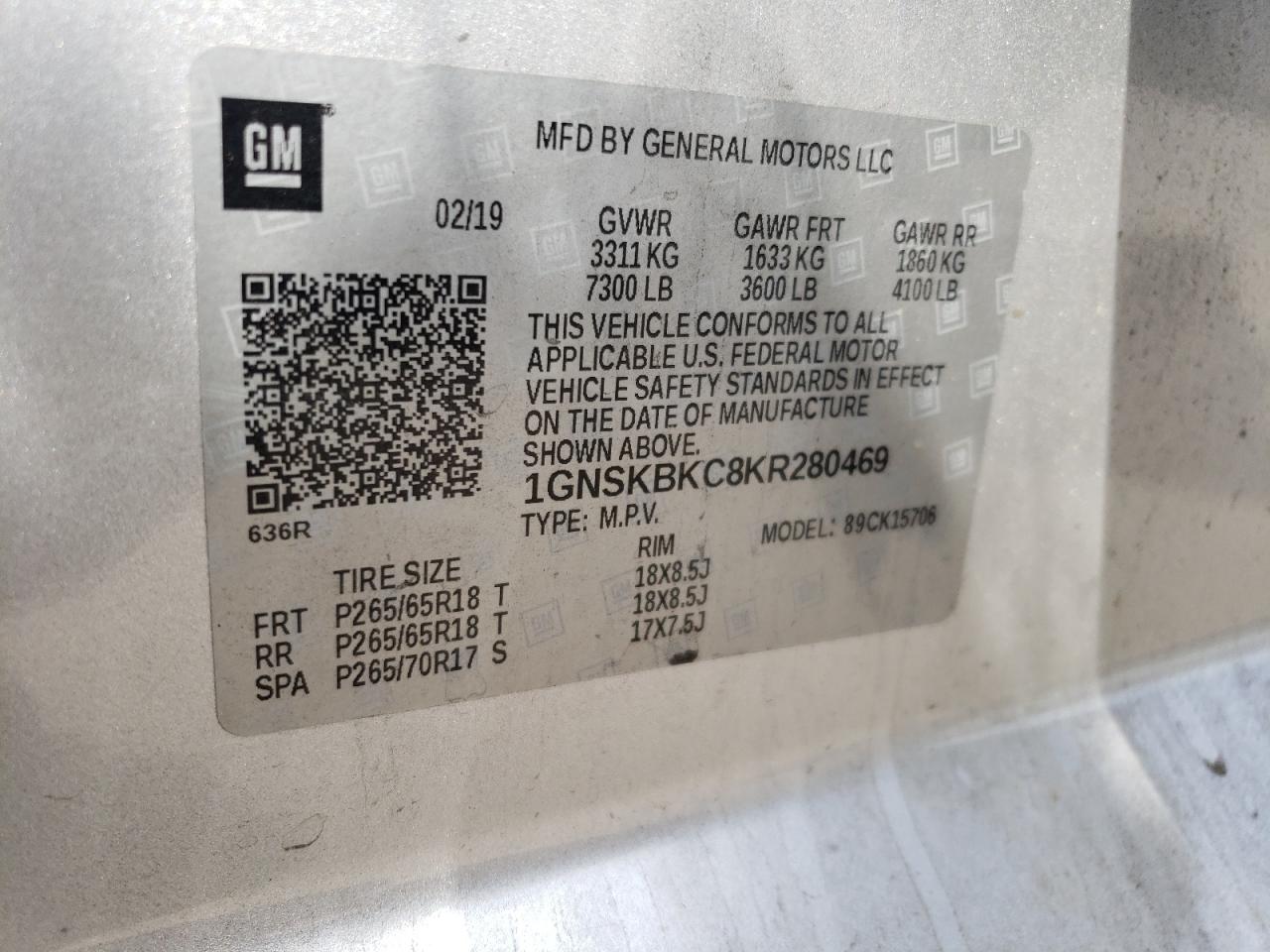 2019 Chevrolet Tahoe K1500 Lt VIN: 1GNSKBKC8KR280469 Lot: 71911655