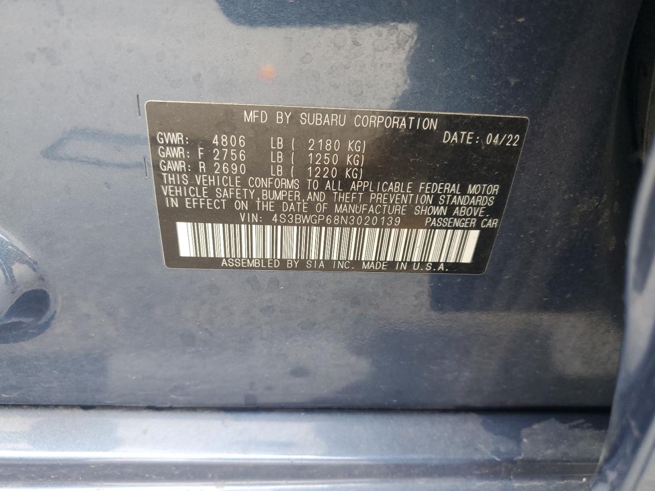 2022 Subaru Legacy Touring Xt VIN: 4S3BWGP68N3020139 Lot: 81519655