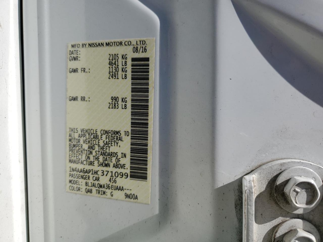 2017 Nissan Maxima 3.5S VIN: 1N4AA6AP1HC371099 Lot: 81211405