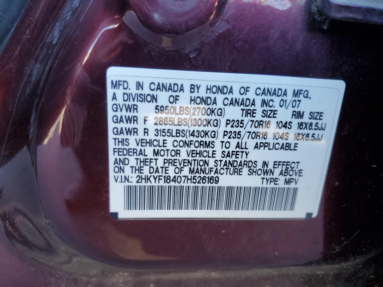 2007 Honda Pilot Ex VIN: 2HKYF18407H526169 Lot: 81834155