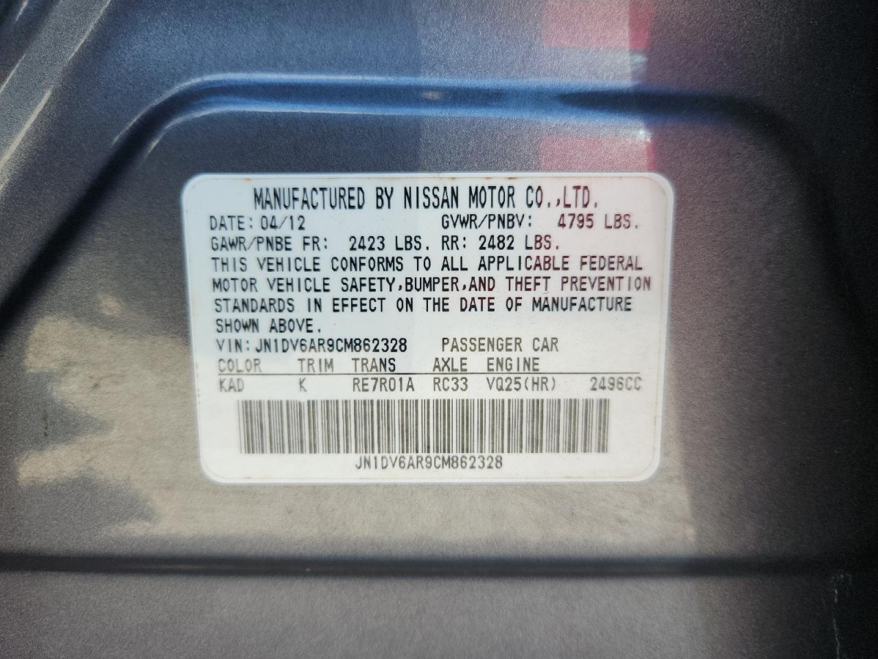 2012 Infiniti G25 VIN: JN1DV6AR9CM862328 Lot: 81597015