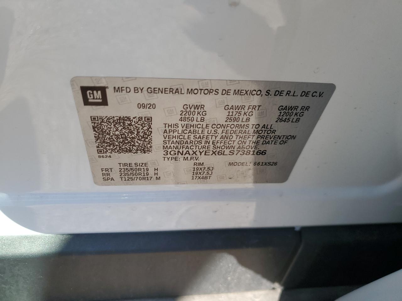 2020 Chevrolet Equinox Premier VIN: 3GNAXYEX6LS738166 Lot: 84258915