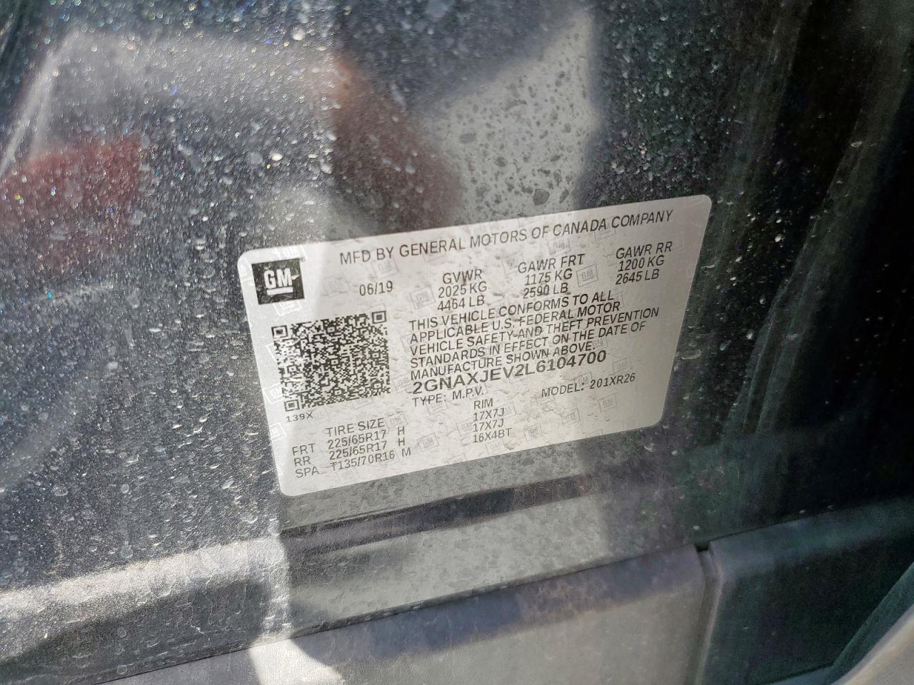 2020 Chevrolet Equinox Lt VIN: 2GNAXJEV2L6104700 Lot: 81922835