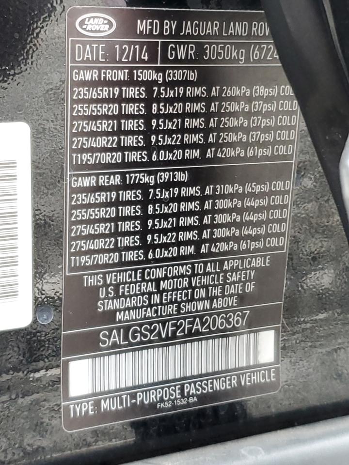 2015 Land Rover Range Rover Hse VIN: SALGS2VF2FA206367 Lot: 81517825