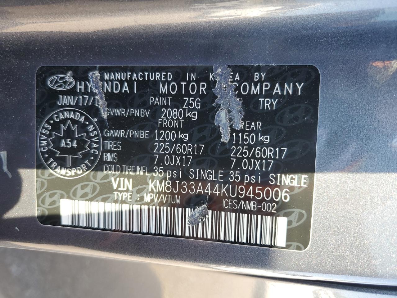 2019 Hyundai Tucson Limited VIN: KM8J33A44KU945006 Lot: 70196195