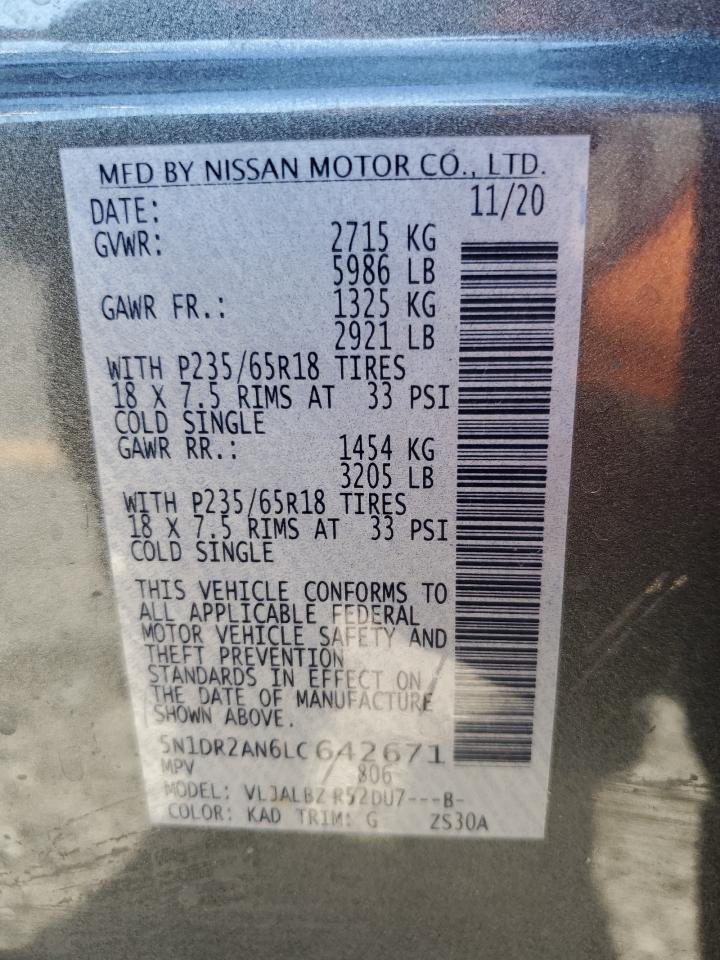 2020 Nissan Pathfinder S VIN: 5N1DR2AN6LC642671 Lot: 81766645