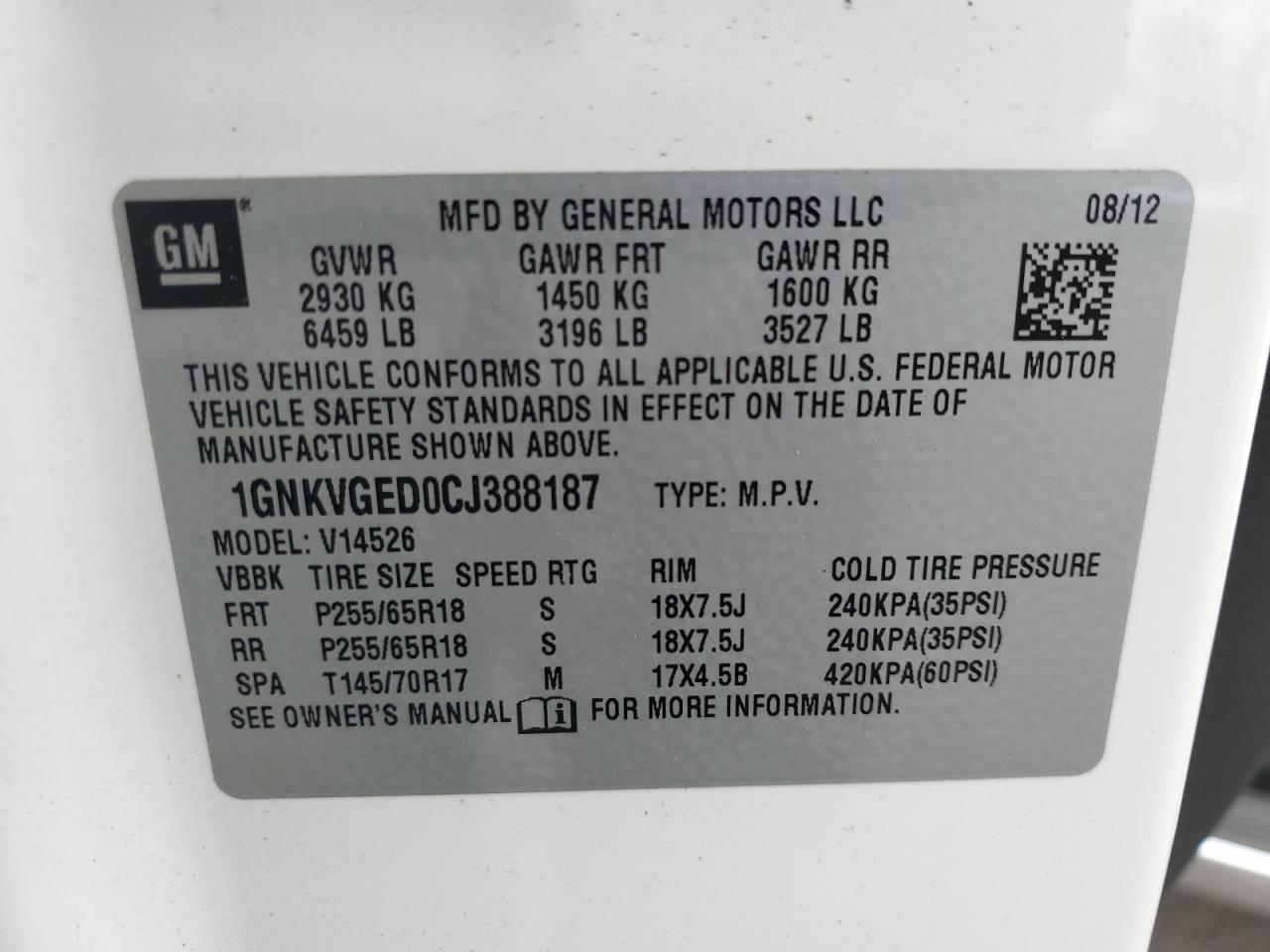 2012 Chevrolet Traverse Lt VIN: 1GNKVGED0CJ388187 Lot: 80297115