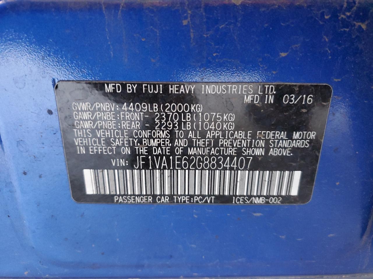 2016 Subaru Wrx Premium VIN: JF1VA1E62G8834407 Lot: 71791345