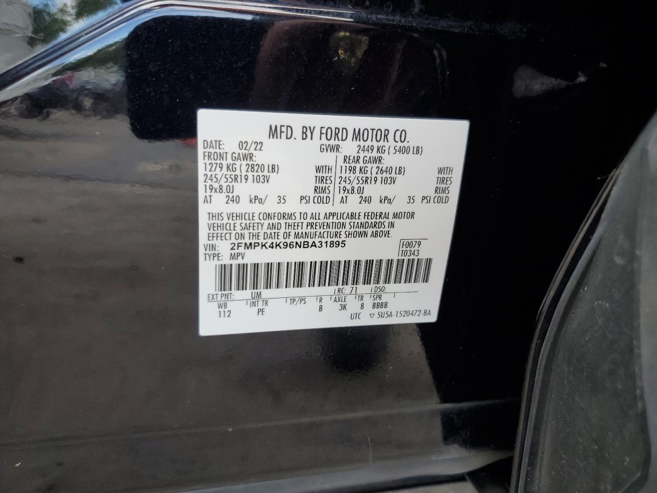 2022 Ford Edge Titanium VIN: 2FMPK4K96NBA31895 Lot: 82116495