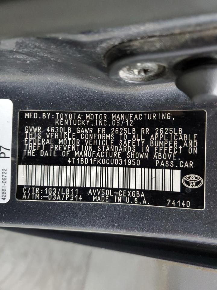 2012 Toyota Camry Hybrid VIN: 4T1BD1FK0CU031950 Lot: 80570545