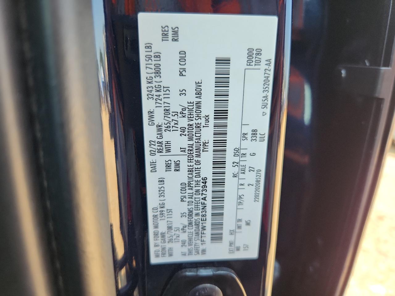 2022 Ford F150 Supercrew VIN: 1FTFW1E83NFA73946 Lot: 81089615