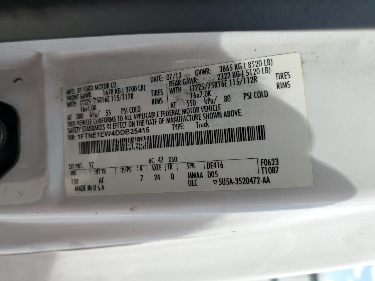 2013 Ford Econoline E150 Van VIN: 1FTNE1EW4DDB25415 Lot: 70802185