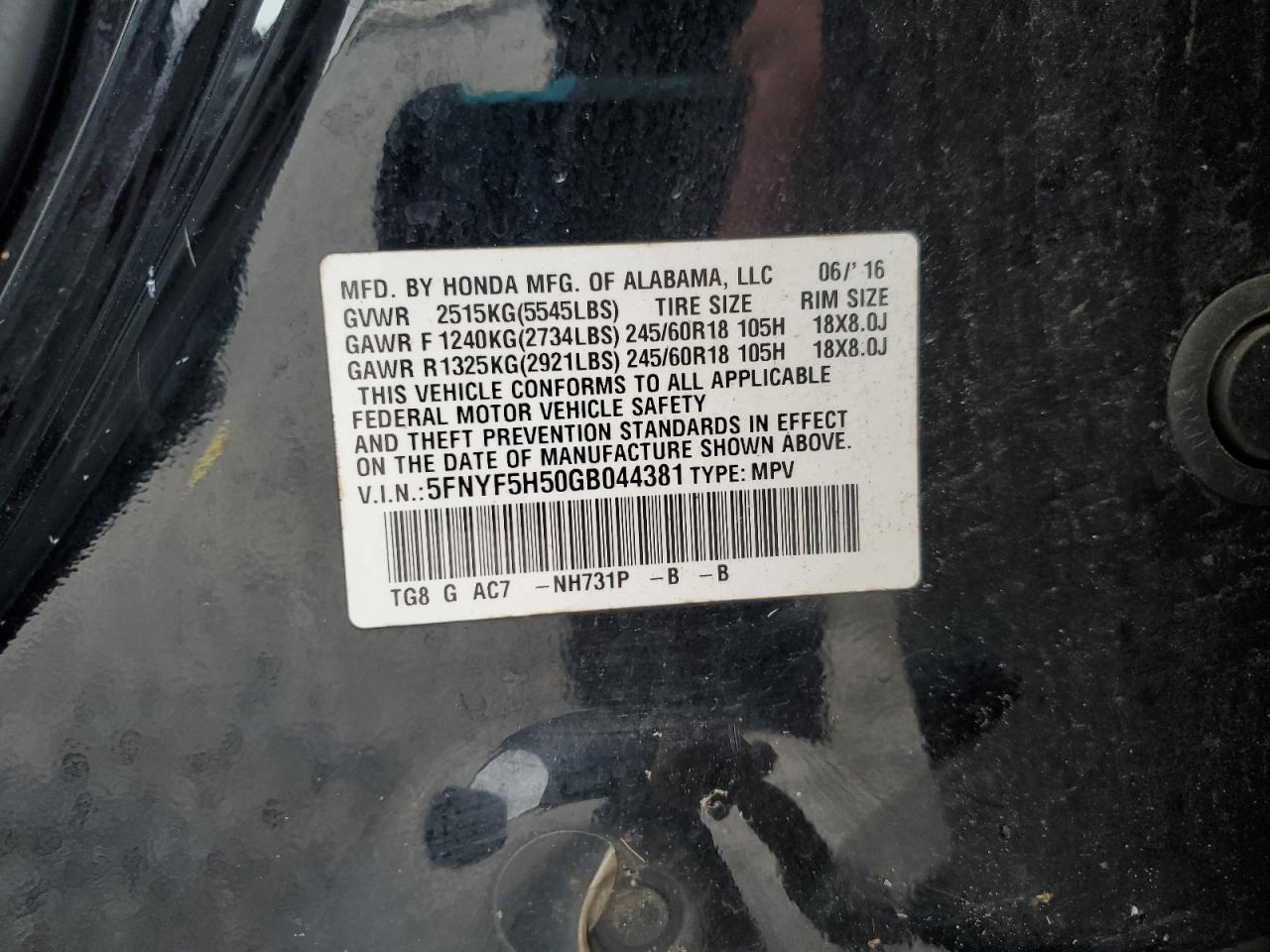 2016 Honda Pilot Exl VIN: 5FNYF5H50GB044381 Lot: 84420955