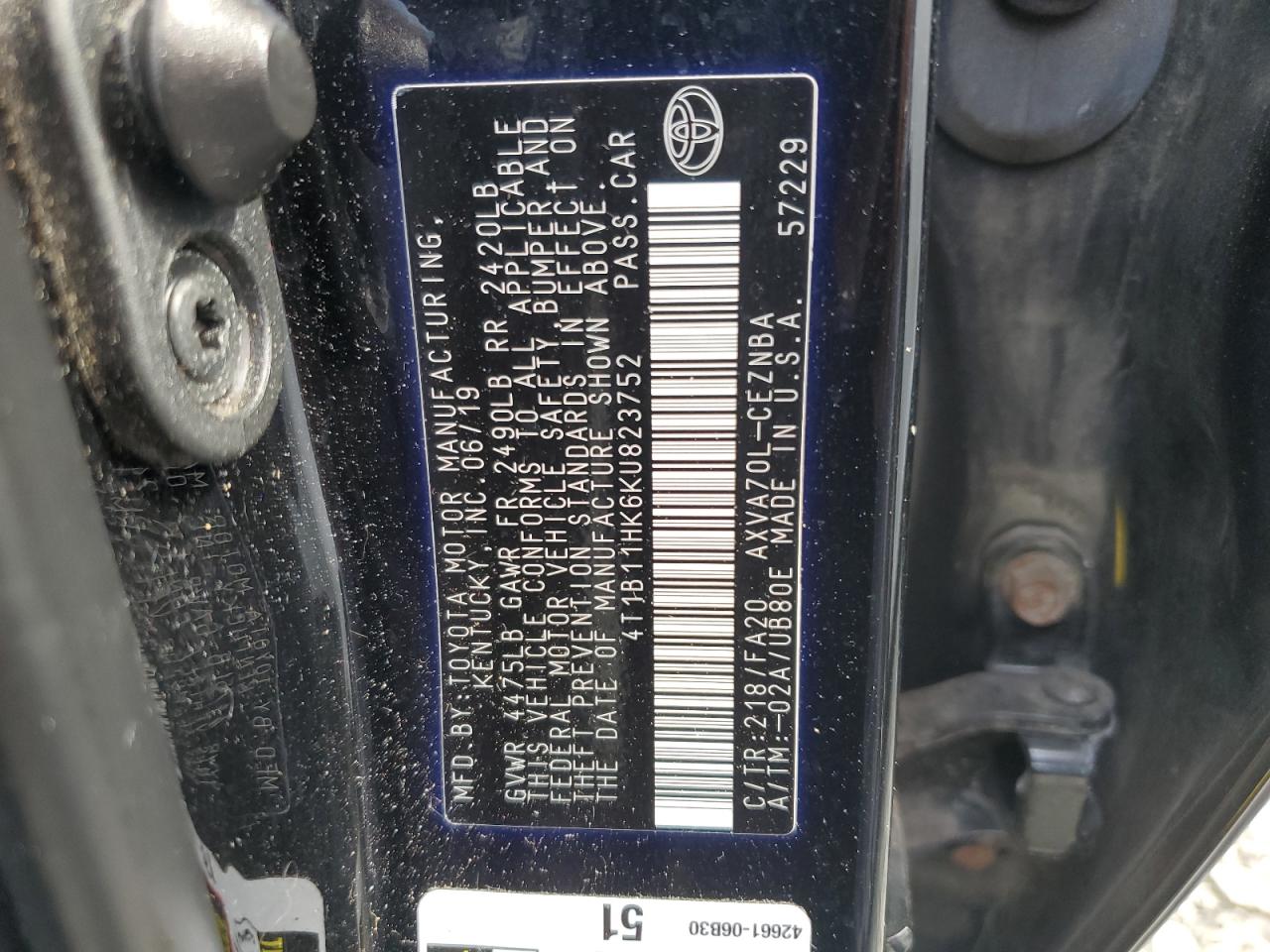 2019 Toyota Camry L VIN: 4T1B11HK6KU823752 Lot: 81478825